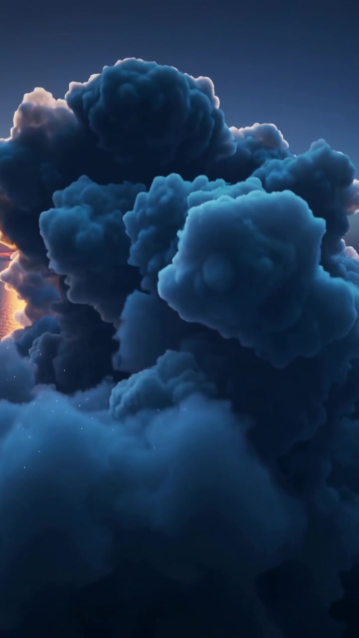 Video verticale: Massa di nuvole blu intenso che si espande e si sposta sul mare, il bagliore del sole provoca cambiamenti e scintille.