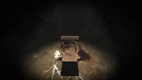 high quality, unsettling tilting shot of a sinister interrogation torture chamber, with dark creepy grungy walls, blood on the floor and a single chair in a spotlight, with a pair of bloody pliers