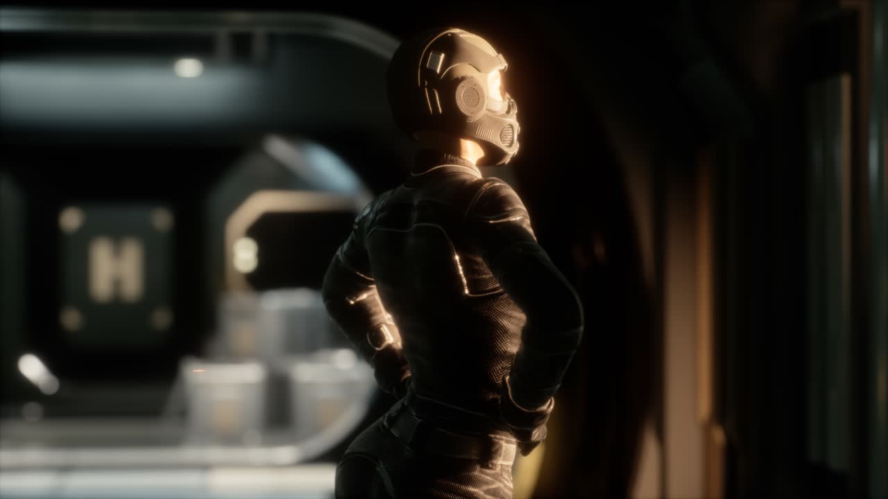 미래의 우주선에 있는 스팀 ⁇ 크 여성