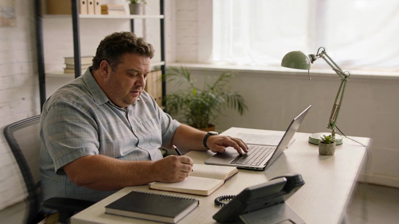 Answering call man gray shirt at desk checking smartphone, using laptop and writing notes for work