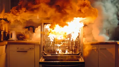 a kitchen with a stove that is on fire in the middle of the oven