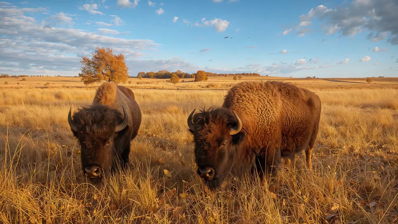 Grazing two American bison lifting heads and stepping forward on golden prairie, with yellow leaf