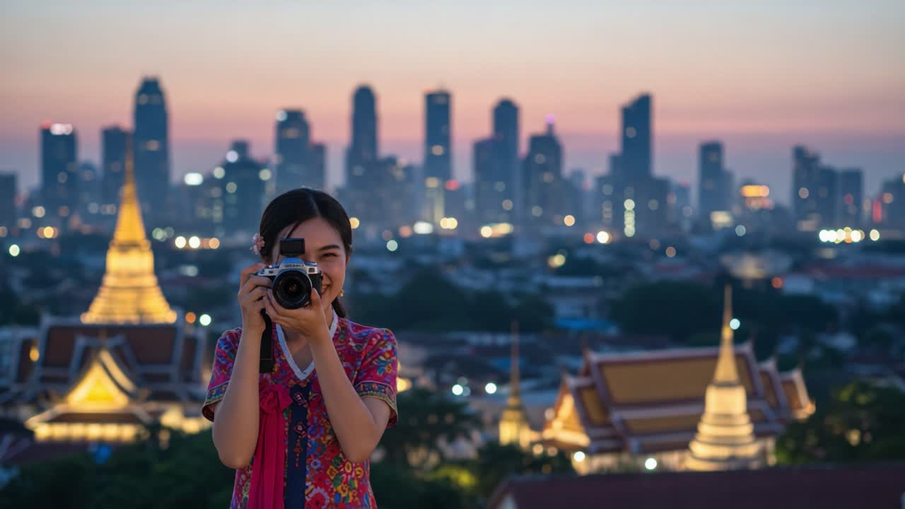 A Joyful Moment Captured: A Young Woman Smiling and Holding a Camera Against a Beautiful City Skyline During Twilight