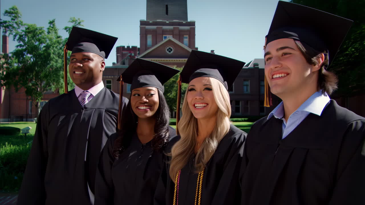 Diverse Group of College Graduates Smiling on Campus