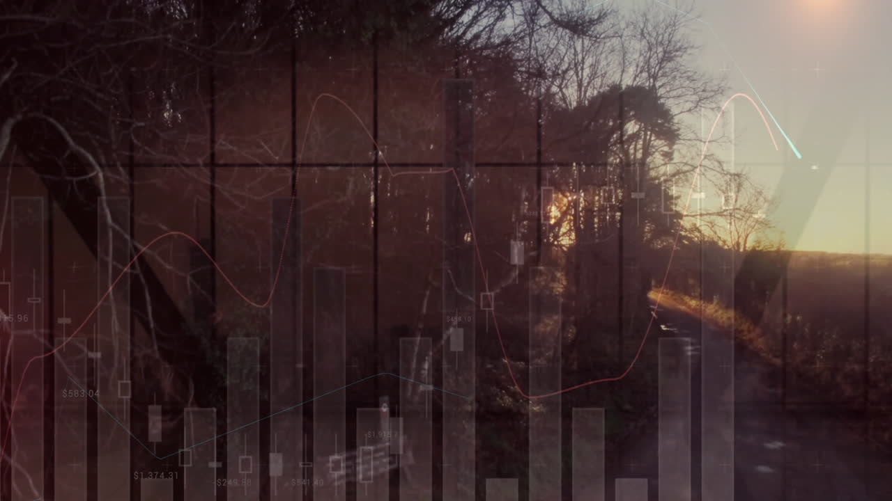 Animazione di grafici finanziari su paesaggio con alberi