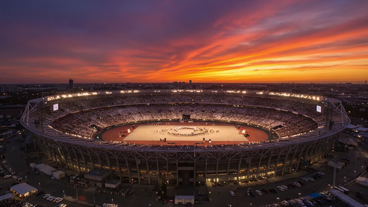A breathtaking view of a grand stadium illuminated at dusk, showcasing a vibrant sunset sky filled with hues of orange and purple, capturing the essence of a majestic gathering