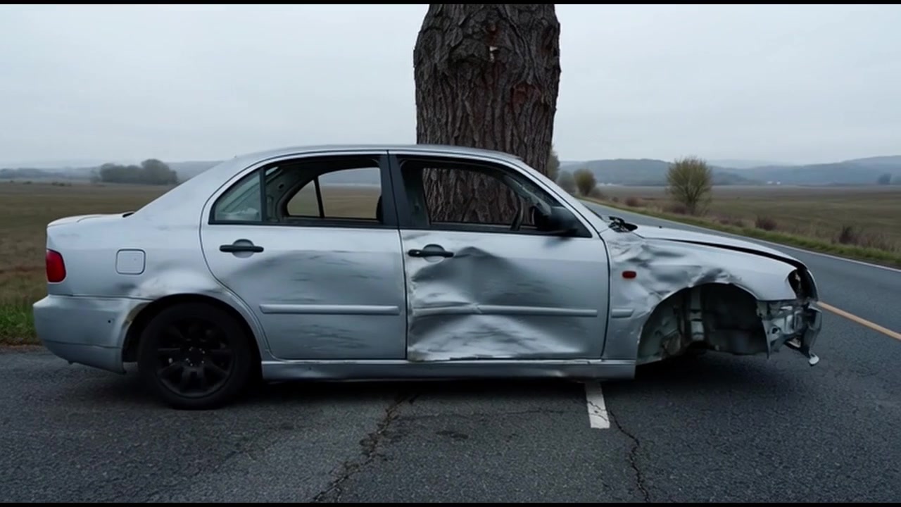 Macchina d'argento danneggiata schiantata contro un albero a bordo strada