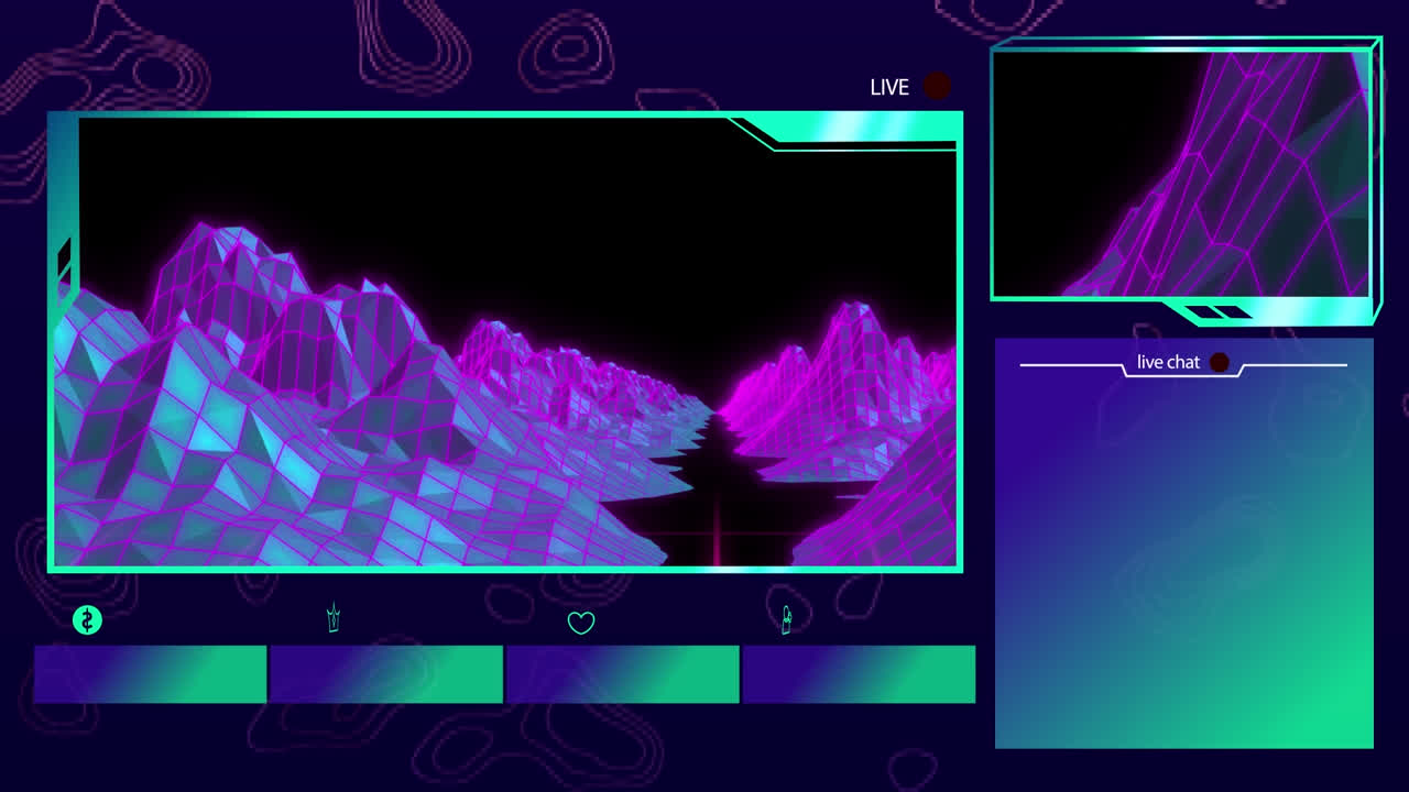 Animation of 3d model of mountains on video interface screen over abstract pattern in background