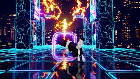 border collie in a cyberpunk city arena