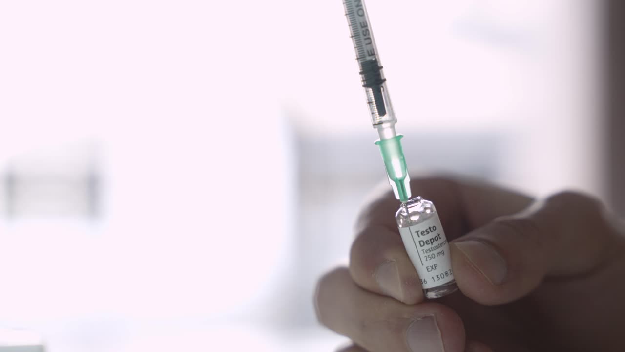 Testosterone Drawn Into Syringe From Glass Ampoule, Hormone Therapy Concept