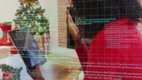 Animation of multicolored computer language over african american woman talking on videocall