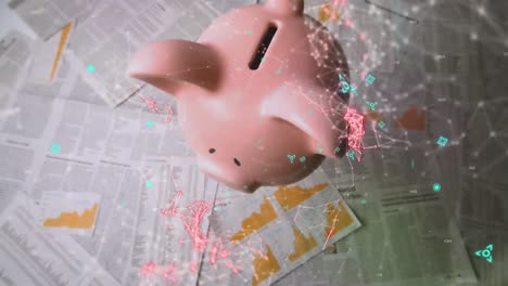 animation of blue qr code with web connection over pink piggy bank