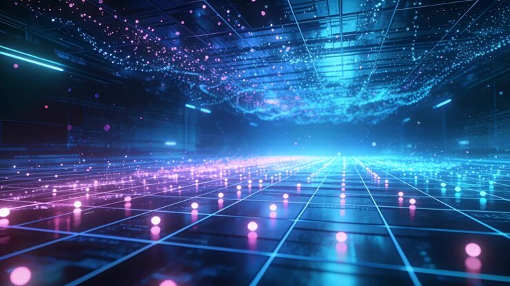 Gliding camera showing grid floor, floating spheres and particle cloud at data hall, adding depth