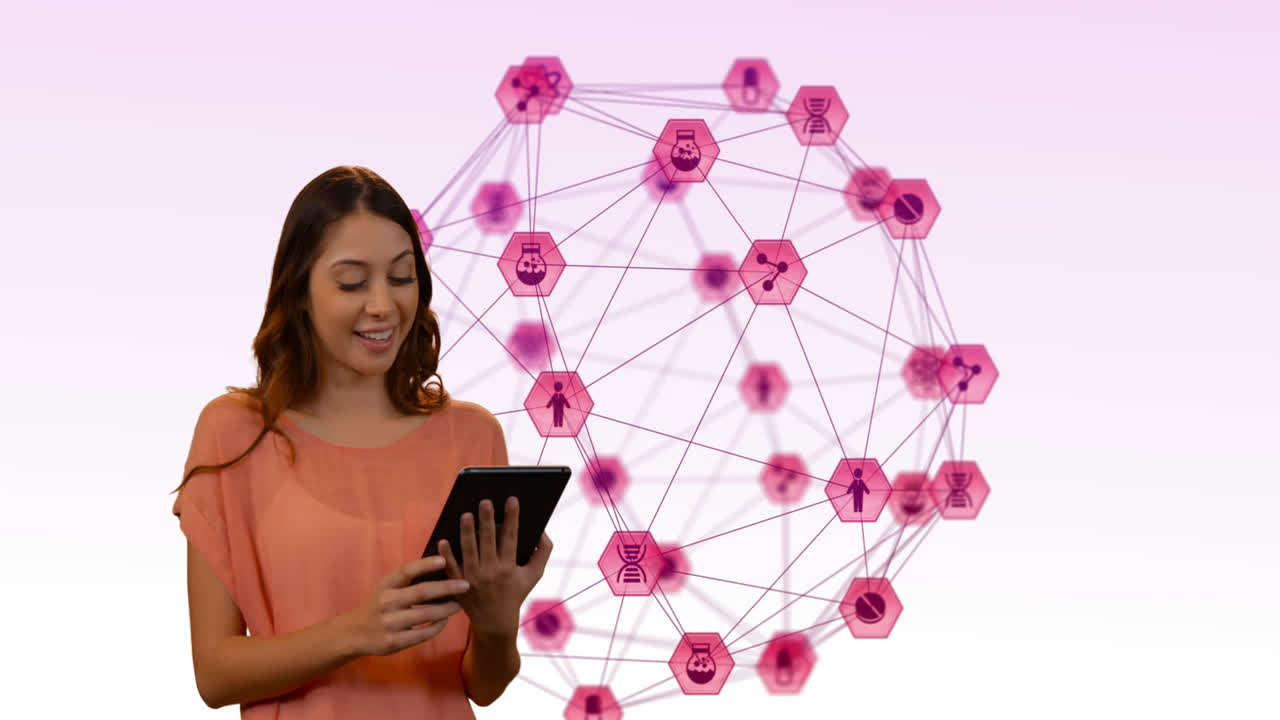 mujer usando una tableta digital contra un globo de iconos digitales