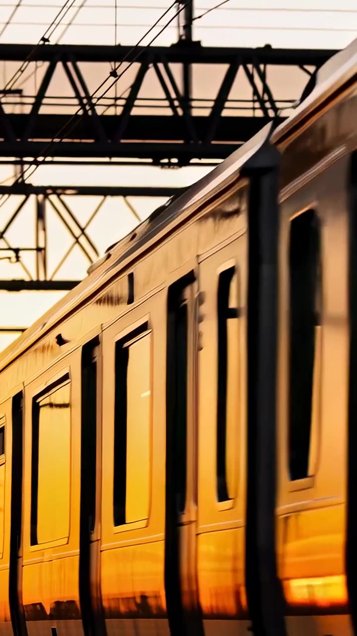 Vertical video: Passing carriage reflecting sunset light, sliding under bridge with catenary wires