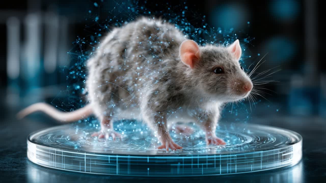 Una rappresentazione futuristica di un topo da laboratorio che emana un'aura digitale, mostrando i progressi nella biomedicina e nella tecnologia negli ambienti di ricerca