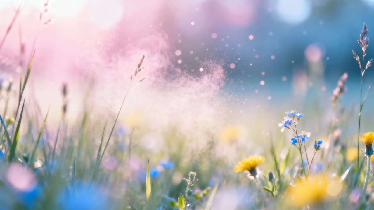 Swaying foreground grasses and wildflowers as breeze lifting pollen, sunlight bathing meadow bokeh