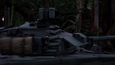 tank maneuvering through dense jungle terrain during military operation