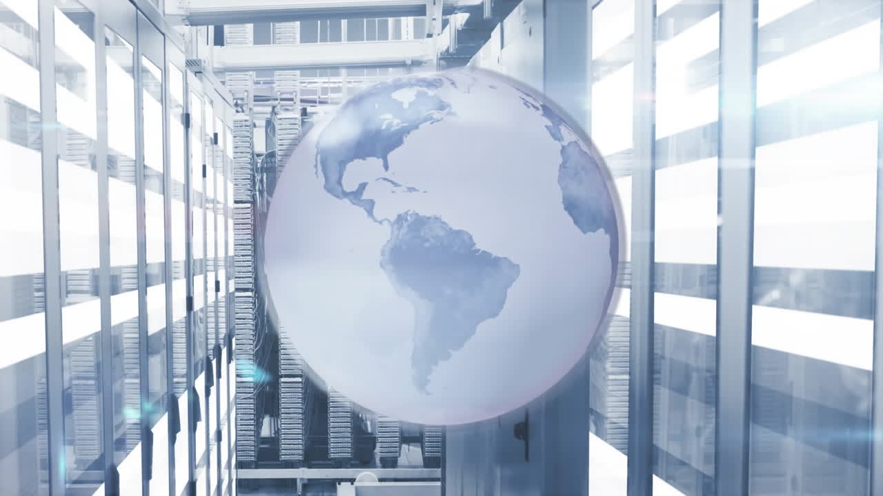지구의 애니메이션과 컴퓨터 서버를 통해 디지털 데이터 처리