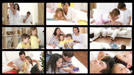 montaje de familias alegres jugando en casa