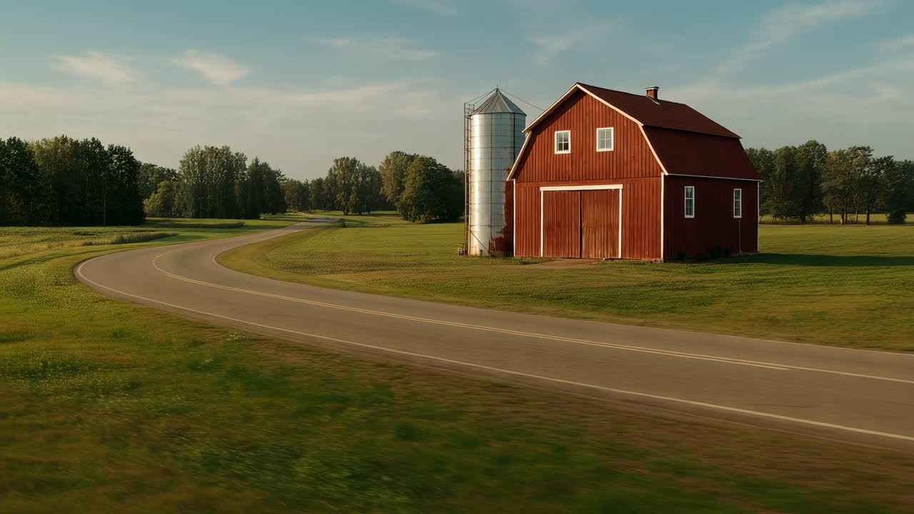 Sweeping camera forward revealing red wooden barn with metal grain silo by curved road, copy space