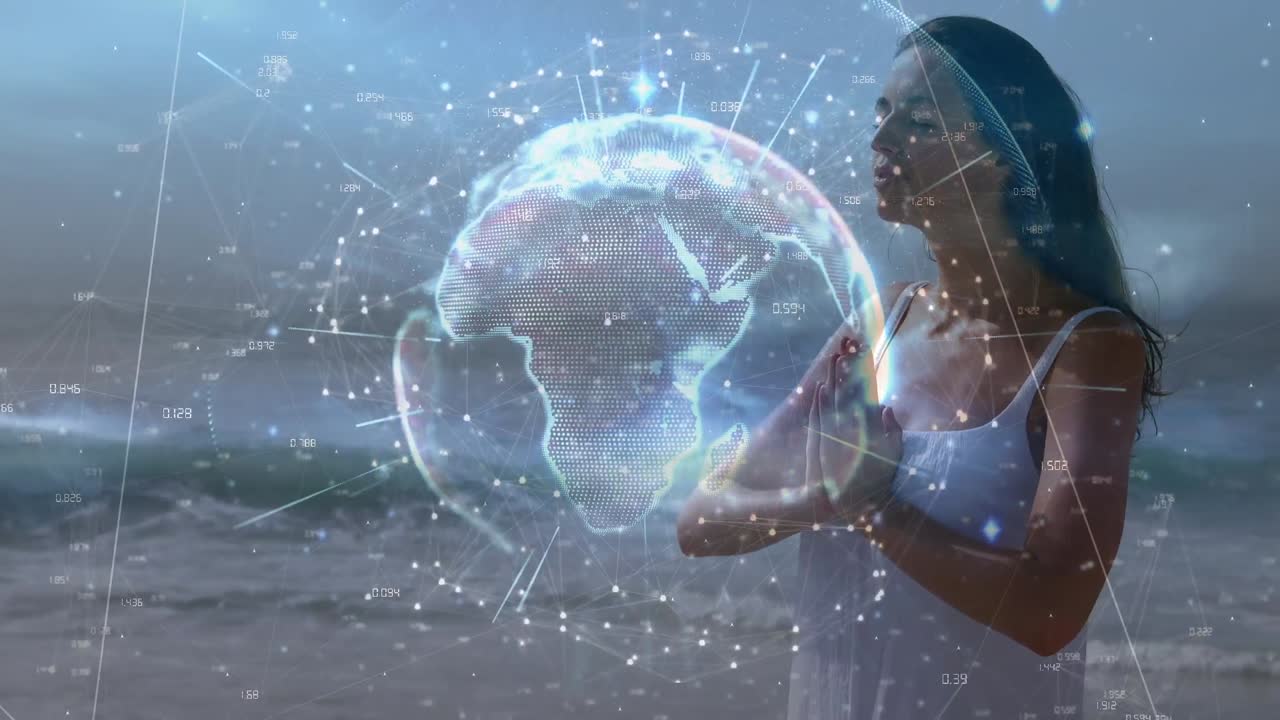 animación de un globo digital girando sobre una mujer caucásica meditando contra el mar y el cielo nublado