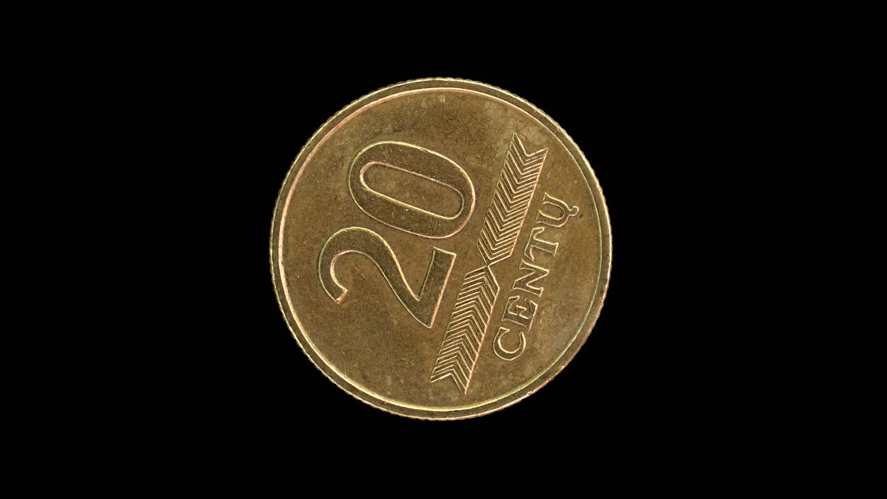Lithuania 1997 20 centų coin reverse showing large numeral 20 with horizontal fir‑tree ornament rotating on black background