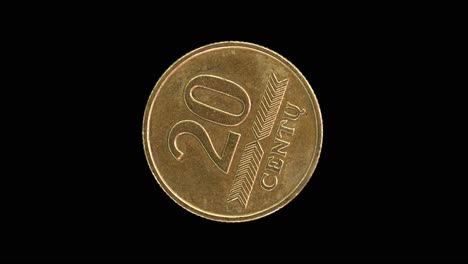 lithuania 1997 20 centų coin reverse showing large numeral 20 with horizontal fir‑tree ornament rotating on black background