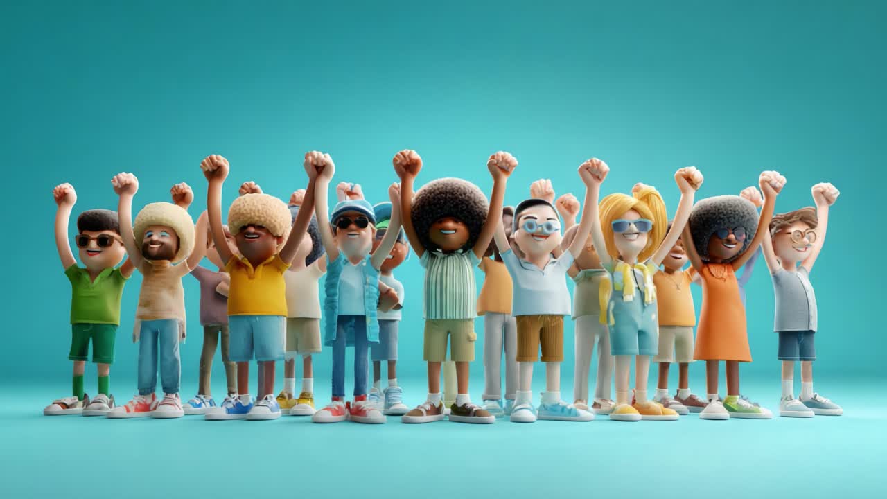 A diverse group of animated characters joyfully celebrating together, showcasing unity and positivity as they raise their hands in excitement against a vibrant teal background