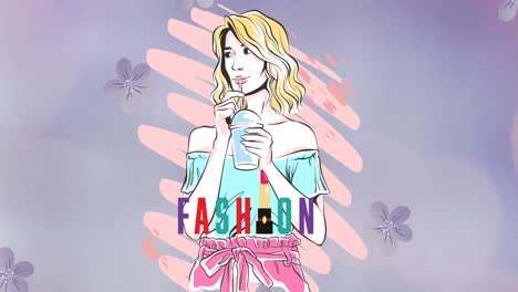 animation of fashion text over woman with shake drawing on blue background