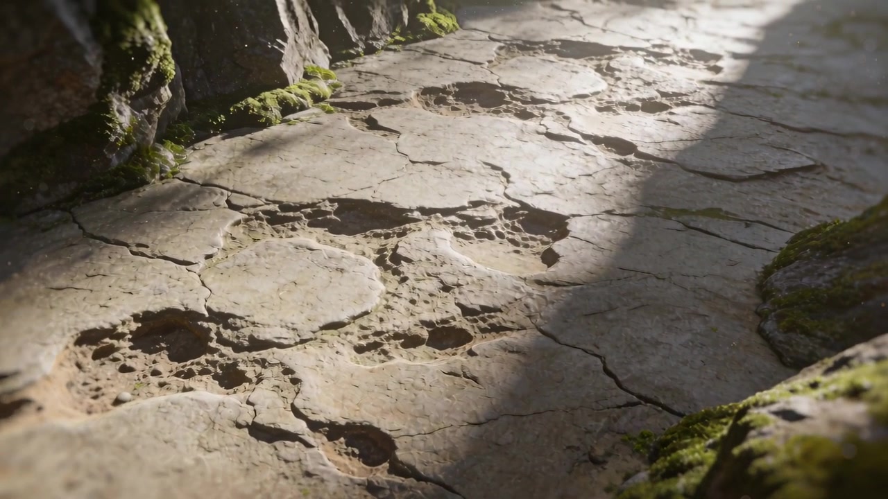 Gliding camera revealing weathered pitted stone at mossy path, showing sun band for texture study