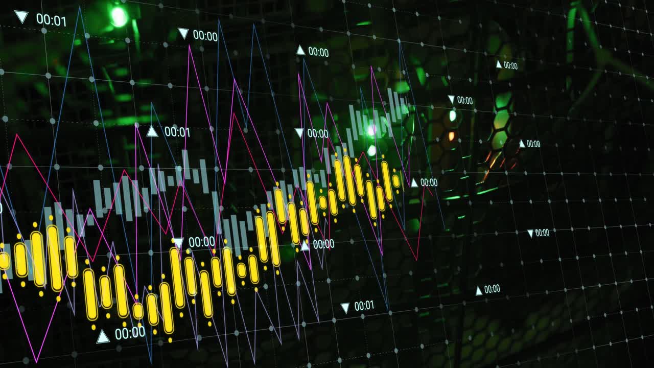 animación del procesamiento de datos financieros a través de servidores informáticos
