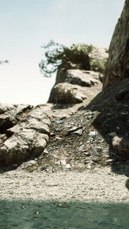 rocky shore with water and mountains