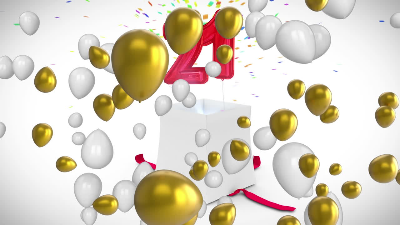 21, globos y presente sobre un fondo blanco