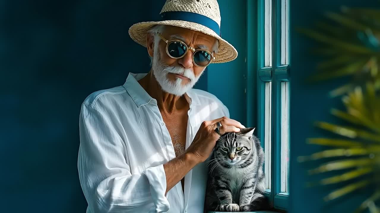 A man in a straw hat and sunglasses petting a cat