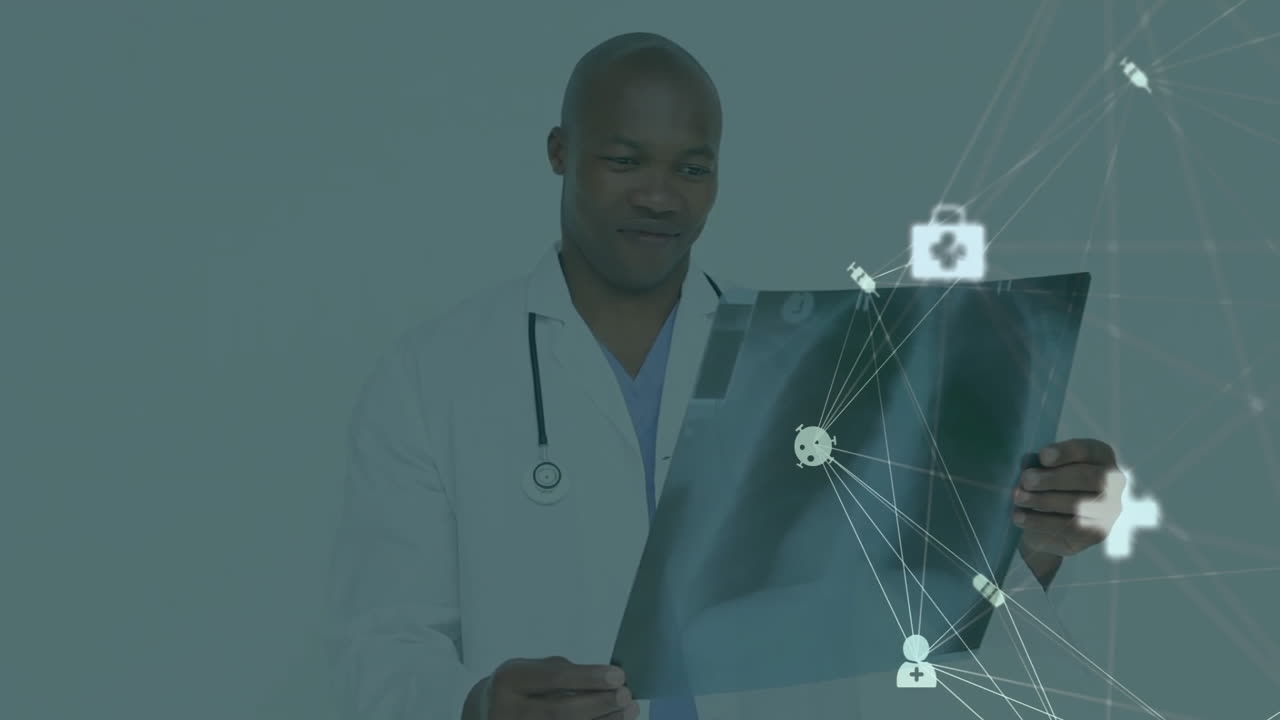 Animation of network of connections with icons over biracial male doctor holding xray
