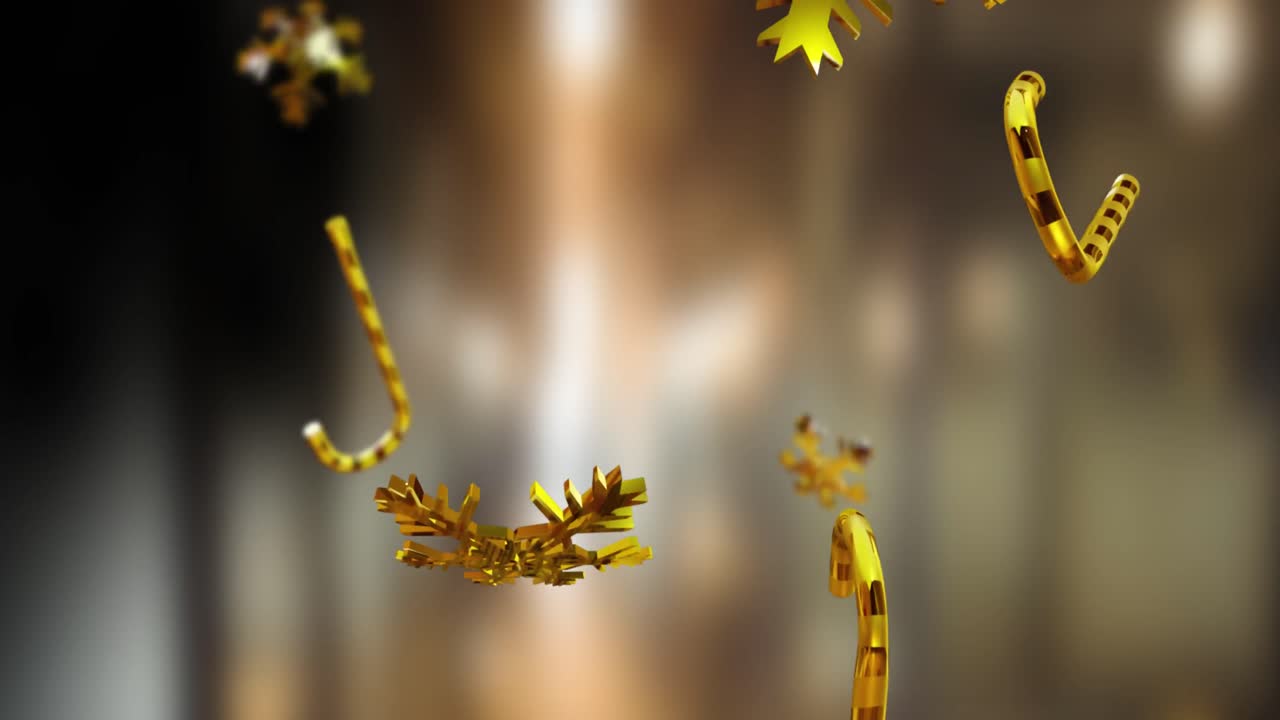 회색 배경에 크리스마스 금 눈송이와 사탕 막대기의 애니메이션