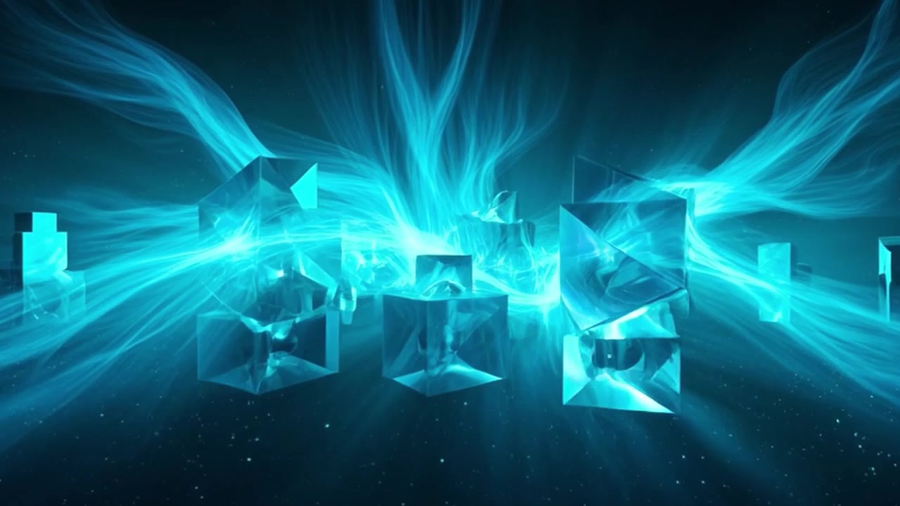 Abstract Motion Background with Floating Glowing Blue Crystal Cubes