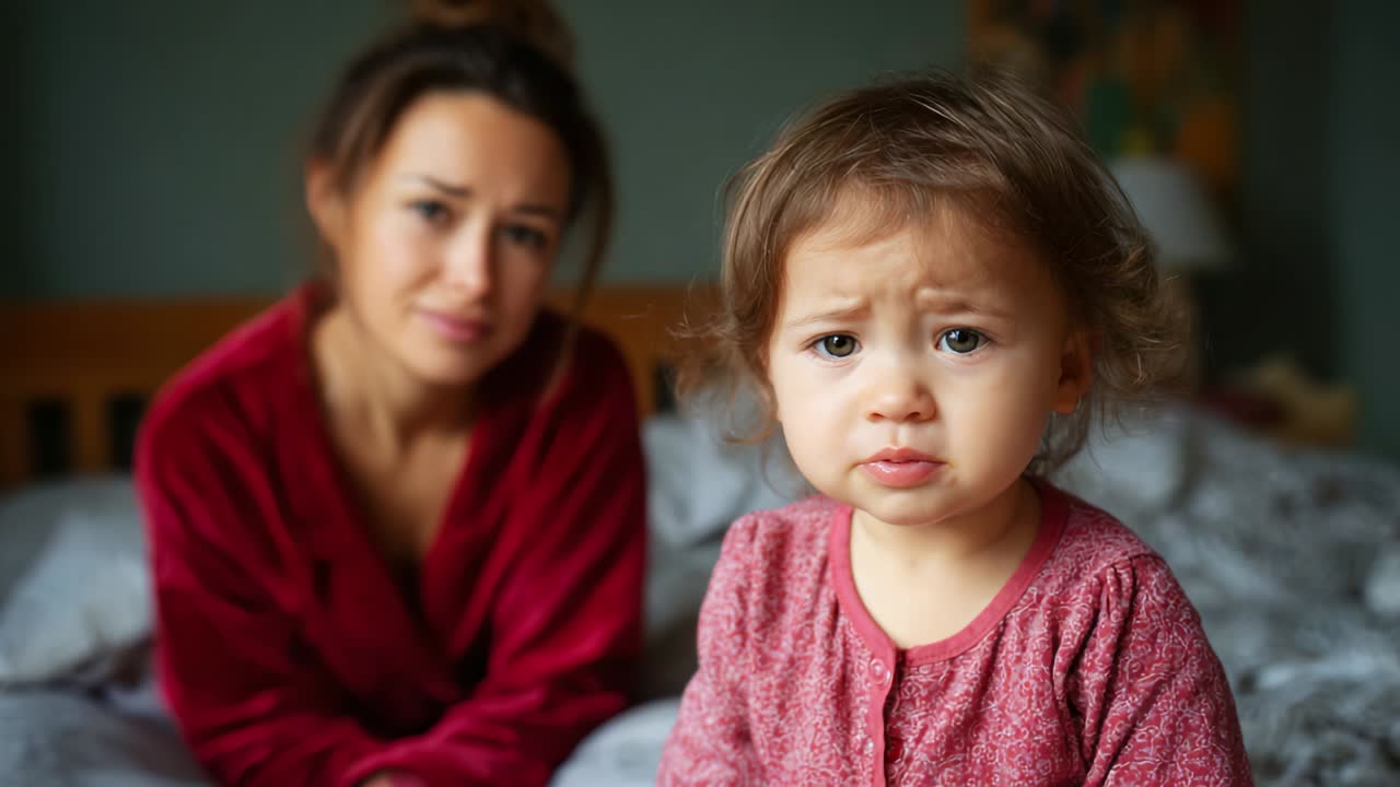 A touching moment captured in a serene bedroom with a concerned child and a thoughtful adult, both wearing cozy attire, portraying the emotions of childhood curiosity and parental care in a tranquil setting
