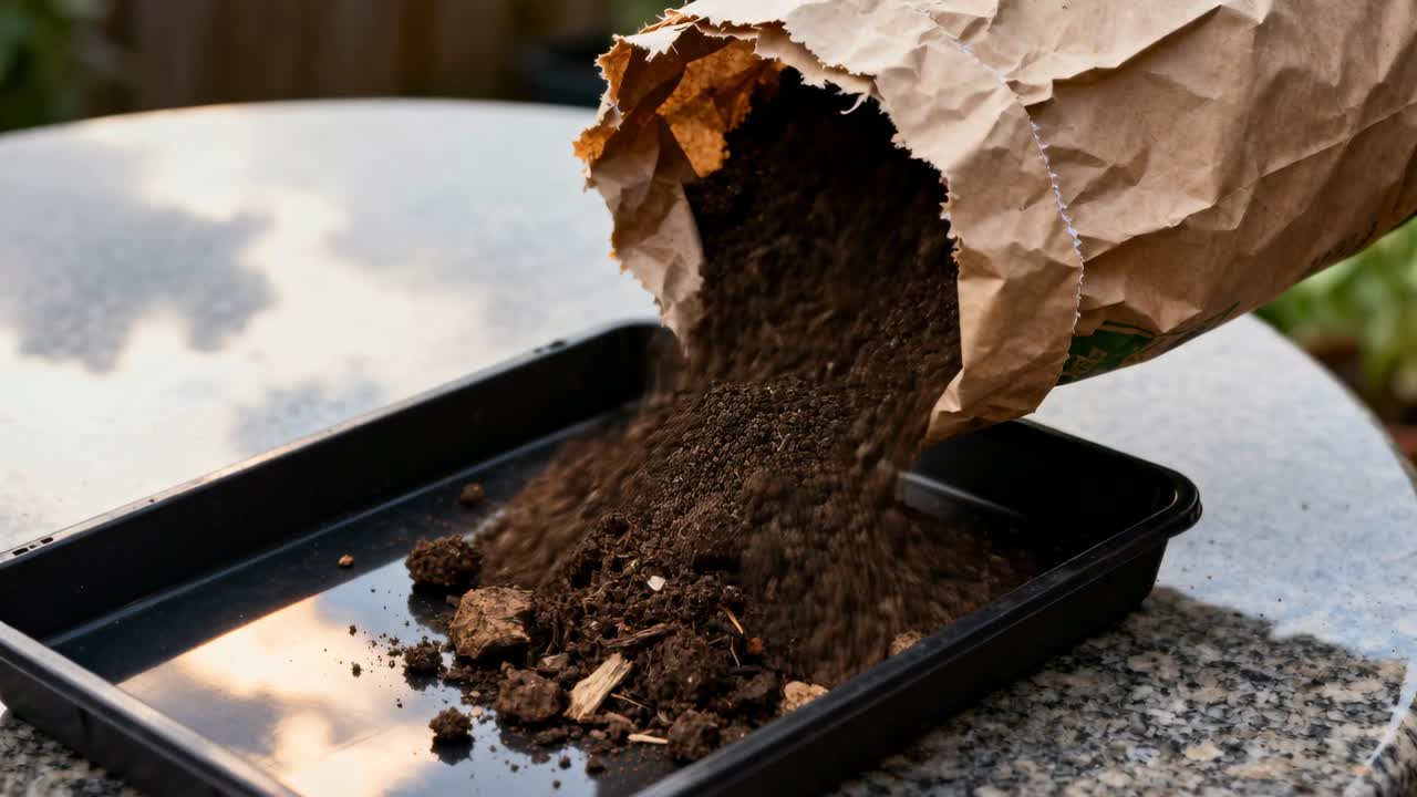 Busta marrone inclinata che versa terriccio con perlite in vassoio nero su tavolo di pietra per piantine.