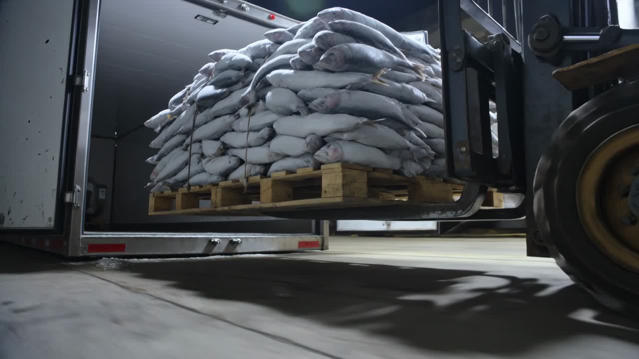 Advancing forklift carrying pallet of sacks into trailer at dock after doors open for transport