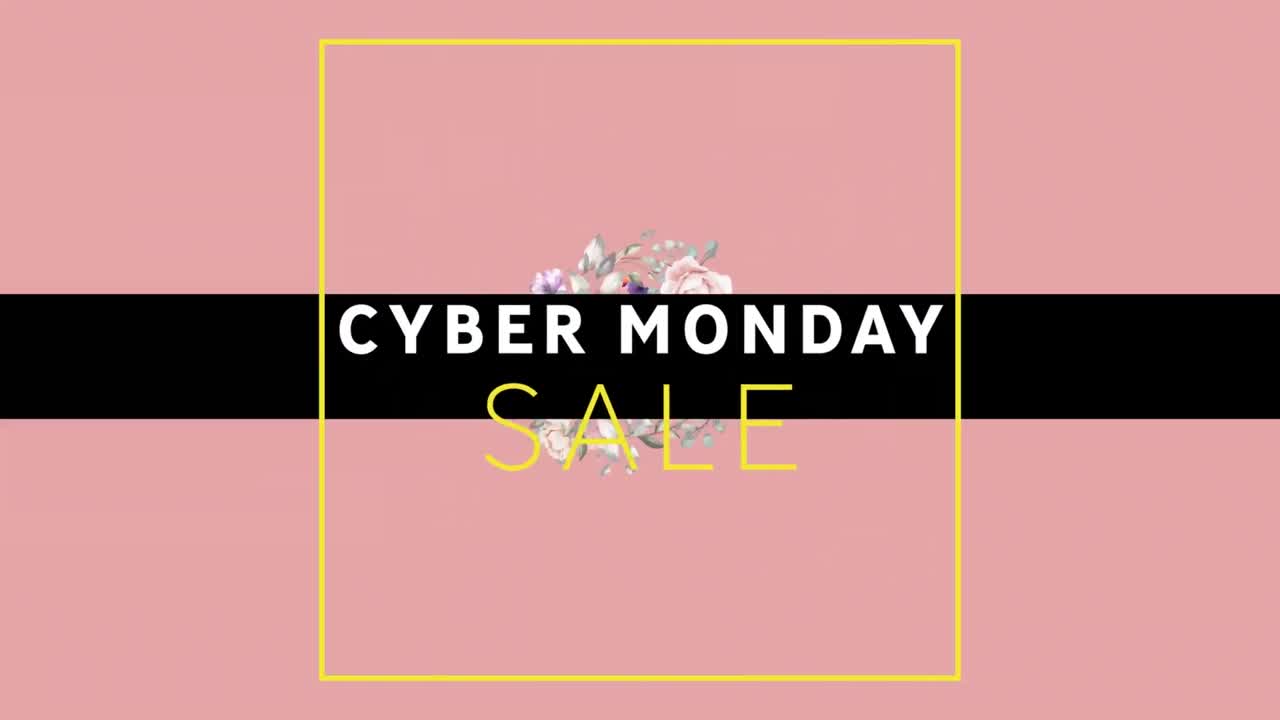 사이버 월요일 텍스트 배너의 디지털 애니메이션이 분홍색 배경에 회전하는 꽃 디자인에 맞춰져 있습니다.