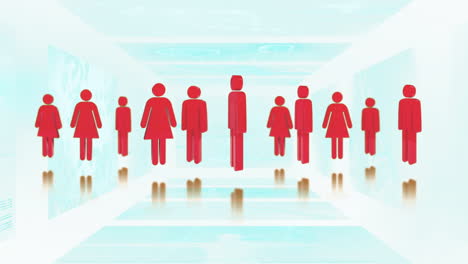 animation of network of red people icons over blue background