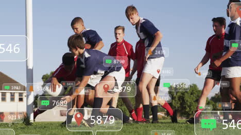 animation of social media icons with growing numbers over diverse male rugby players