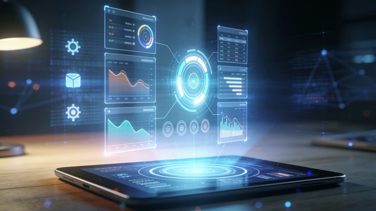 Glowing tablet activating hologram rising on wooden desk, assembling data panels for demo
