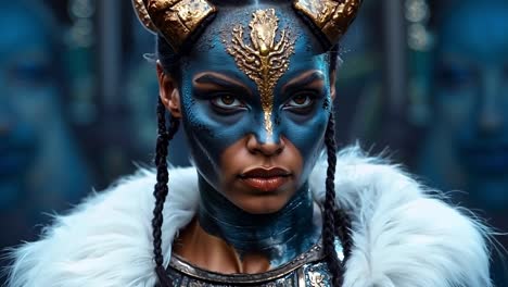 a woman with blue face paint and a crown on her head