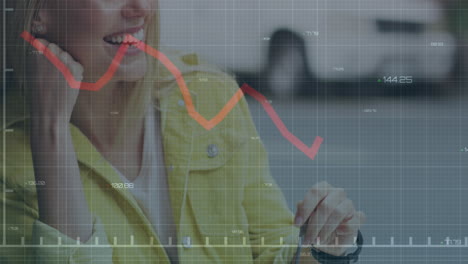 animación del procesamiento de datos sobre una mujer caucásica que usa un teléfono inteligente