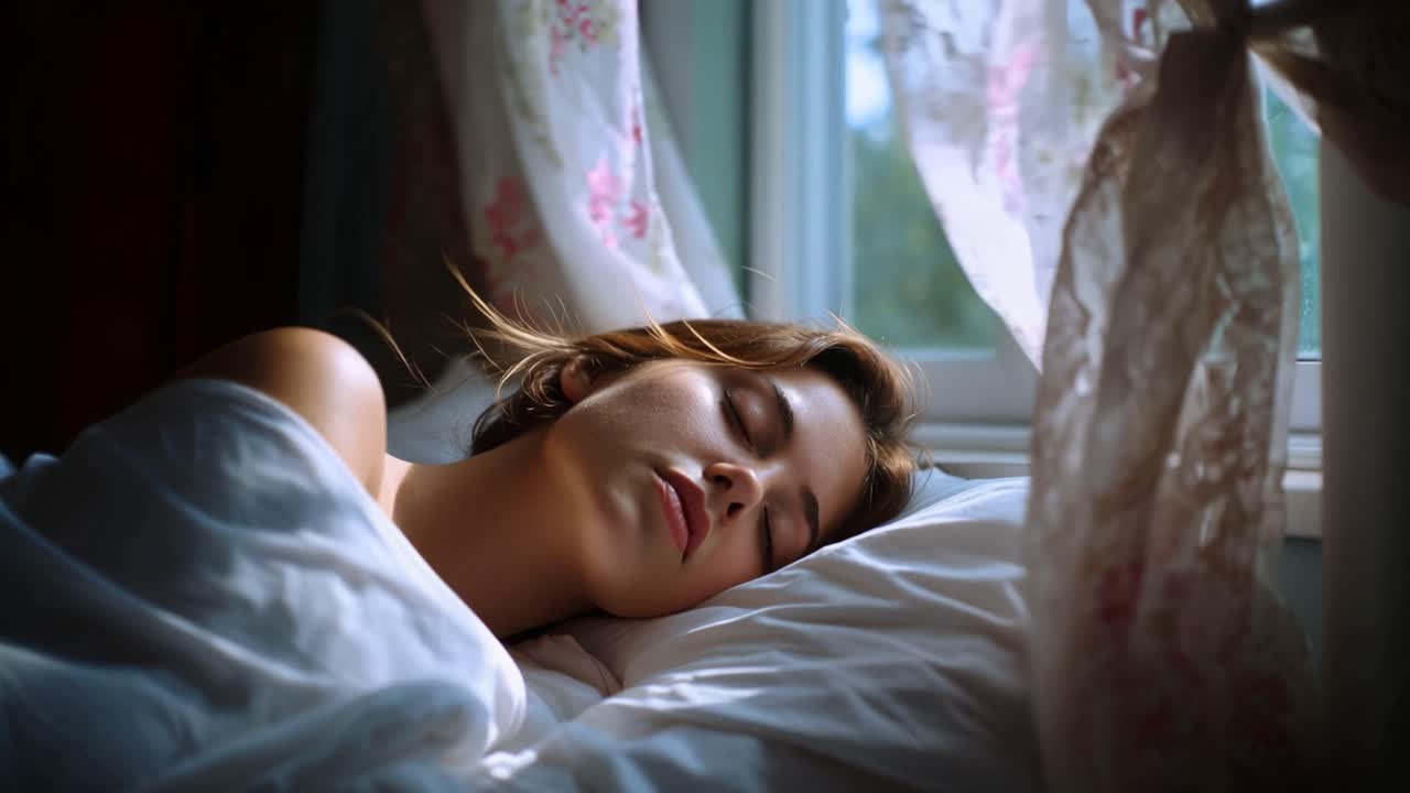 Fredfyldte øjeblikke med dyb søvn i et solbeskinnet værelse med bløde gardiner, der fremhæver skønheden ved fredelig hvile og komforten ved et roligt miljø.