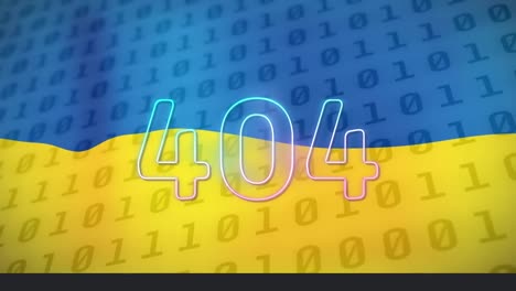 Animation-of-404-text-and-binary-coding-over-flag-of-ukraine