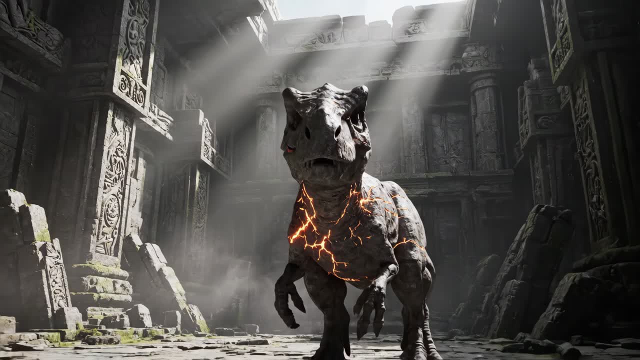 Digital T-Rex in Ancient Ruins